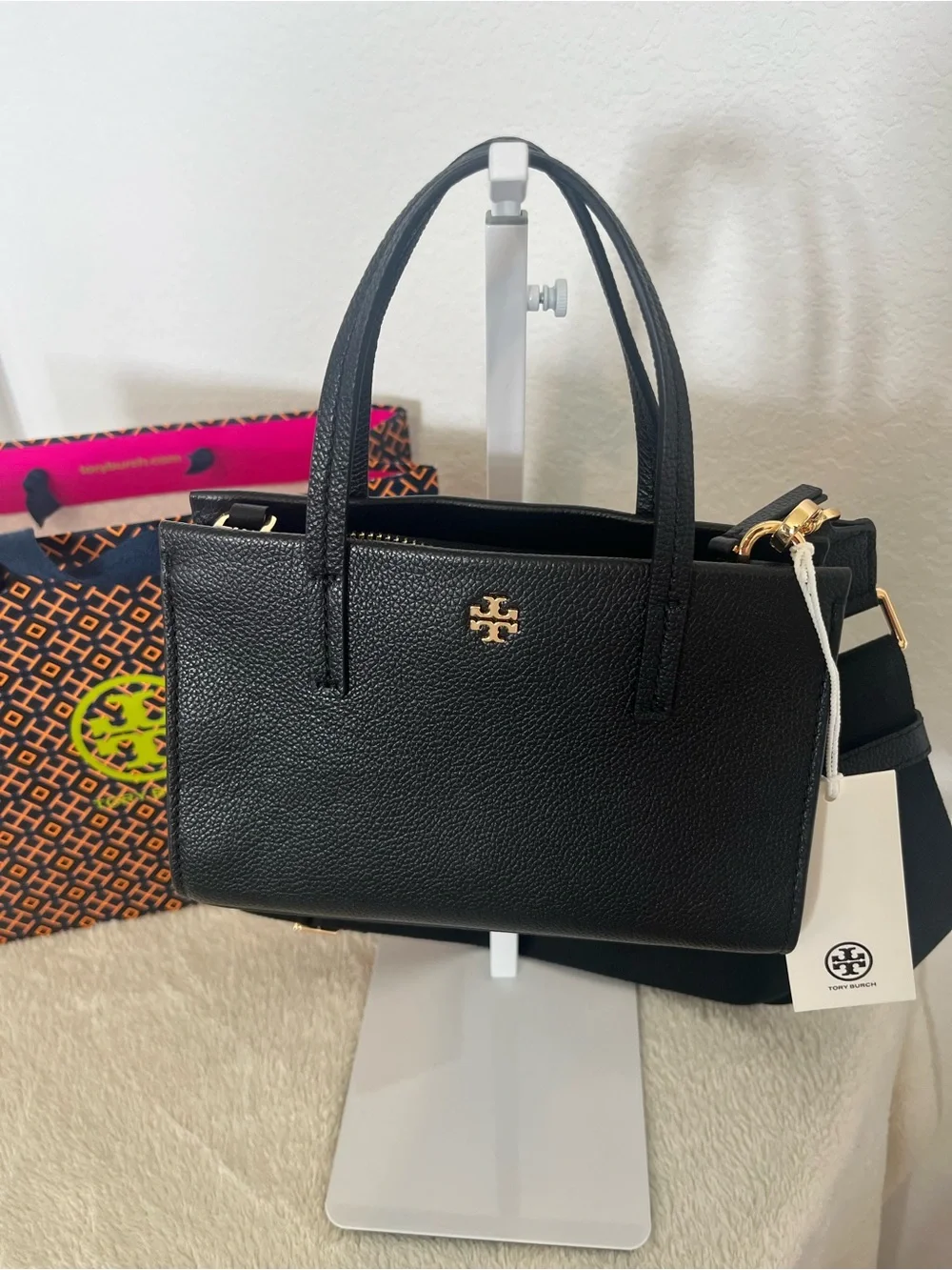 Tory Burch Black Pebbled Leather Mini Satchel with Gold Logo include paper bag